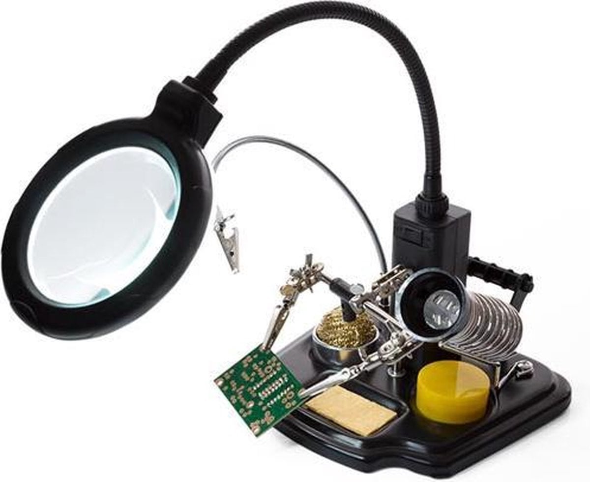 Velleman Multifunctionele derde hand met vergrootglas, soldeertools en LED-loeplamp voor precisiewerk