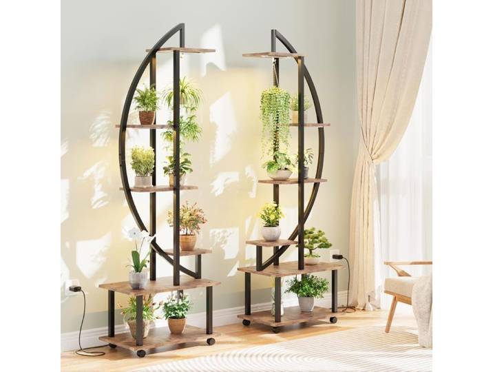 Support à plantes - Lot de 2 - Demi-lune - 6 niveaux - Avec lampes de croissance - Bois et métal