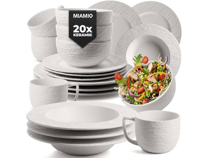 MIAMIO - Geschirrset/Tafelservice für 4 (20-teilig) - Oasis (Weiß) Modernes Tafelservice Steingut / große, kleine & tiefe Teller, Schüsseln & Tassen, Keramik Geschirr Set - spülmaschinenfest