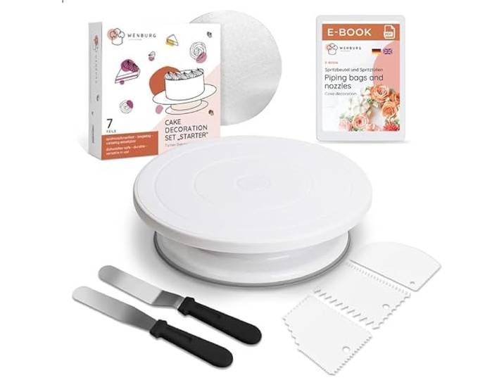 Draaibare taartplaat van Wenburg, taartdecoratieset - bakaccessoires voor taarten - taartdraaiplateau, hoekpallets, deegschrapers. taartdraaischijf, banketbakkerij accessoires (set starter)