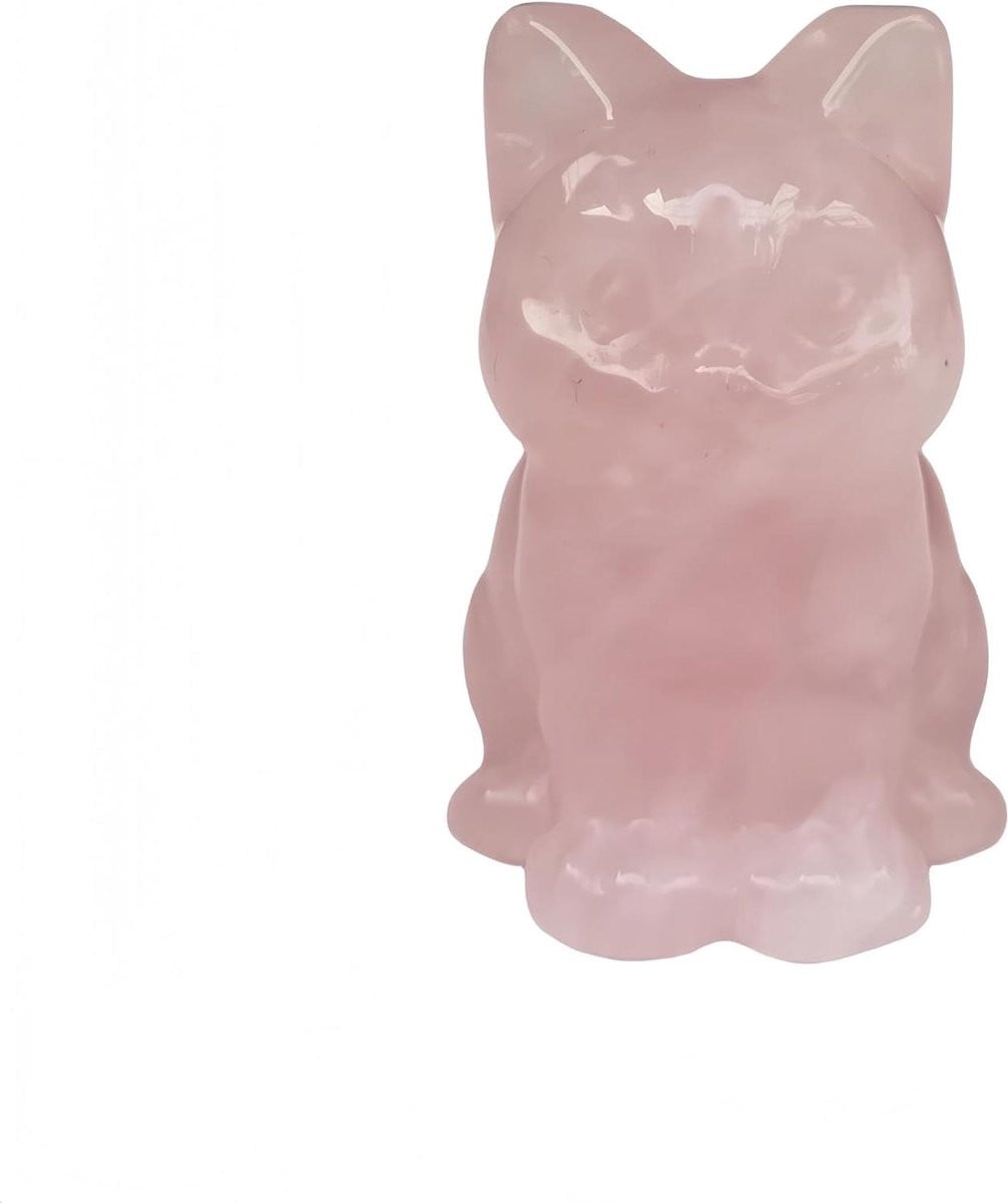 Handgesneden Rozenkwarts Kat Figuur - Kristallen Kat Decoratie - Hoogte: 38 mm