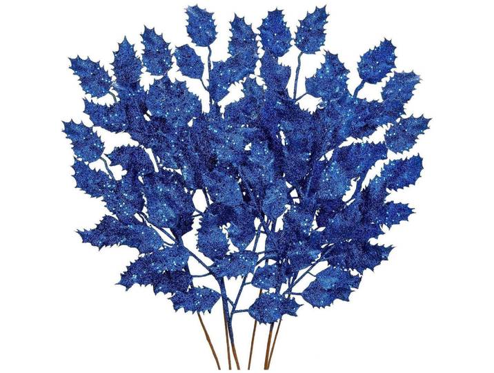 Kunstzweig 6-teiliges Set Glitzernde Eichenblätter Blau 58 cm, Kunststoff, 16 cm, Dekoration, Blumen & Blumentöpfe, Kunstblumen