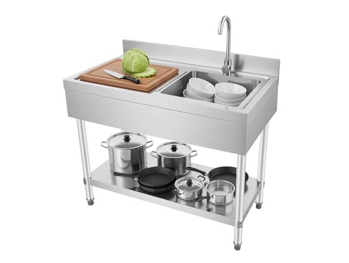 Goddlgjik Freistehend Spültisch Küchenspüle Edelstahl BIS 300KG 100x60x80cm mit Unterschrank & 360° Wasserhahn, Rechts Becken, für Camping Rv Garten Küche Restaurant Outdoor