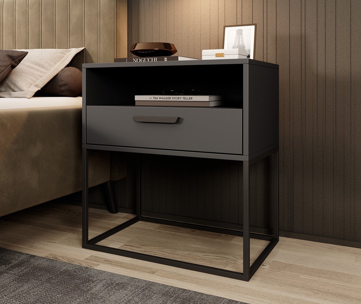 Meubella - Nachtkastje Sylvester 4 - Antraciet - Breedte: 60 cm