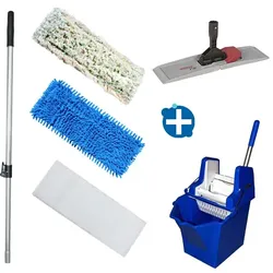 Mop-Set Putzeimer Cleanboy 15 L mit Presse blau im Set inkl. Klapphalter, Teleskopstiel und 3 Möppe