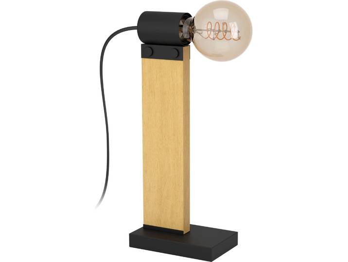 EGLO Lampe de table Bailrigg\, lampe de table rectangulaire\, FSC100HB\, lampe de salon en bois naturel et métal noir\, lampe de chevet avec douille E27