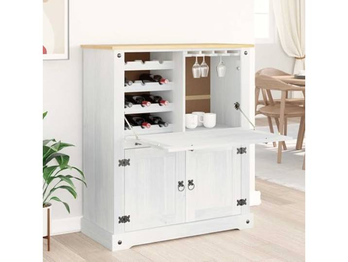 Xolmizyn Weinschrank aus massivem Kiefernholz 97 x 45 x 114 cm - Rustikales Weinregal für Flaschen und Barutensilien - Weißes Designmöbel für Wohnzimmer