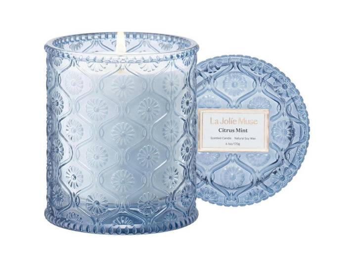 Duftkerze Citrus Mint 170g 40h Brenndauer, Hellblau, Glas, 9 cm, Dekoration, Kerzen & Kerzenhalter, Duftkerzen