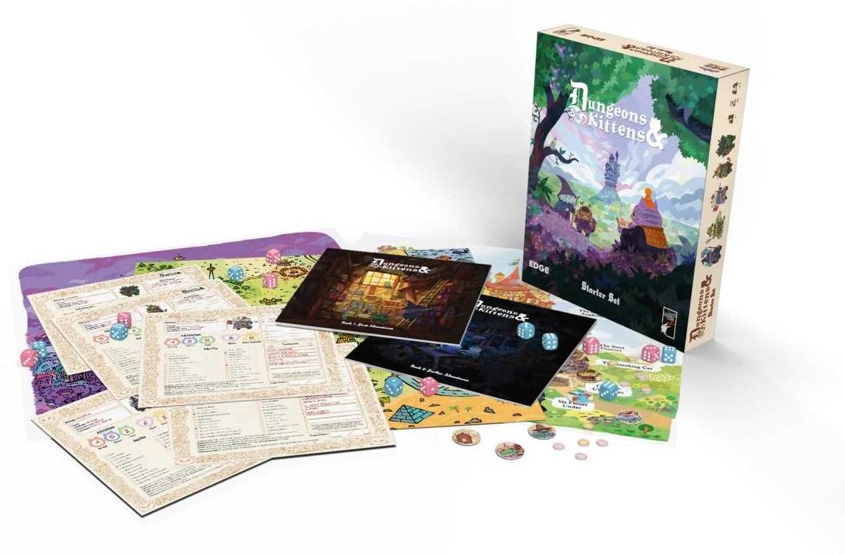 Dungeons ; Kittens RPG Starter Set by Edge, Includes 5 Characters, 6 Maps, 24 Dice, and 2 Books with 5 Adventures