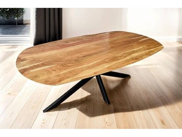 SAM Ovaler Esstisch Rama 200x100 cm Akazie natur Schweizer Kante Spider Esszimmertisch massiv, lackiert, Eisengestell schwarz