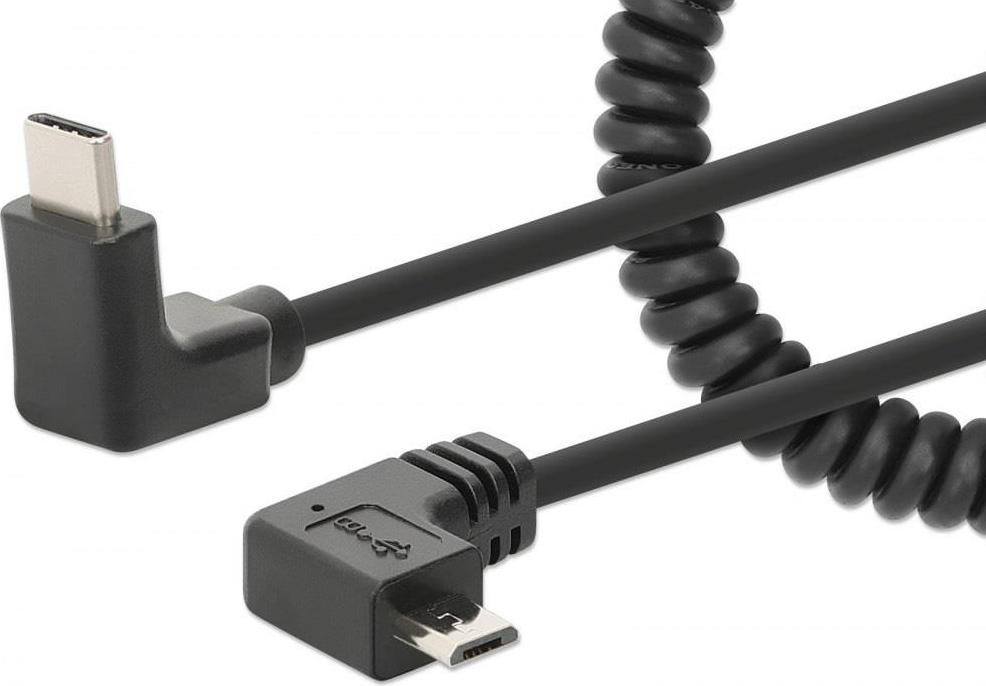 Manhattan Spiraalkabel USB-C naar Micro-USB Oplaadkabel, 1 meter, Zwart