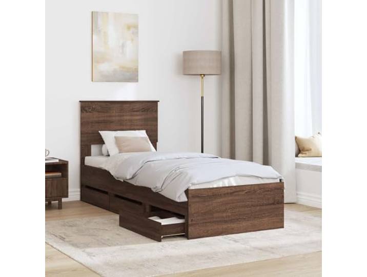 KTHLBRH Bett mit Schubladen Eiche Braun 75 x 190 cm Technisches Holz, 6 versteckte Schubladen, Lamellenstruktur, quadratische Beine