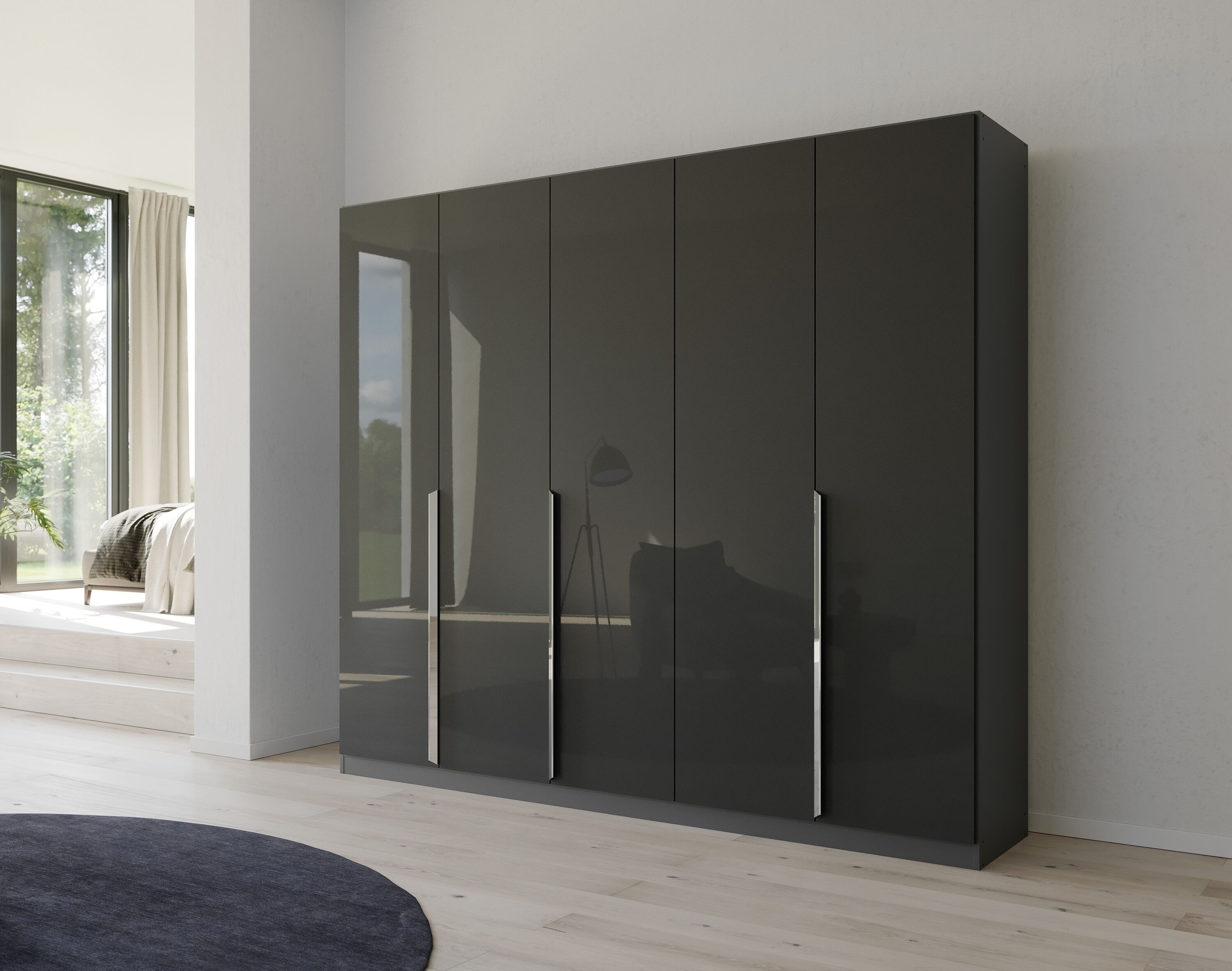 Drehtürenschrank RAUCH "Kleiderschrank Schrank Garderobe Ankleide GLAMOUR BY QUADRA SPIN", grau (graumetallic, hochglanz effektgrau), B:226cm H:210cm T:54cm, Holzwerkstoff, Schränke, Drehtürenschrank, mit eleganter Hochglanzfront und Stangengriff MADE IN 