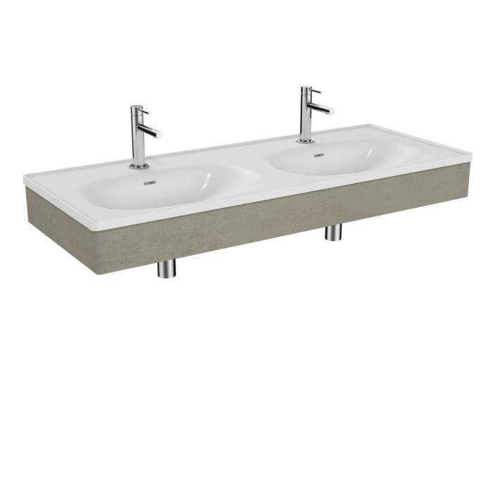 Vitra Equal Doppelmöbelwaschtisch-Set 66043 130x52cm, mit Möbelwaschtisch asymmetrisch, weiß, mit Holzblende Beton