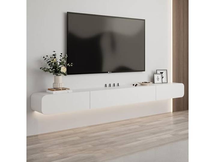 Luercher Schwimmender TV-Ständer aus massivem Holz zur Wandmontage An der Wand montiertes TV-Regal, moderne TV-Medienkonsole, großer Stauraum