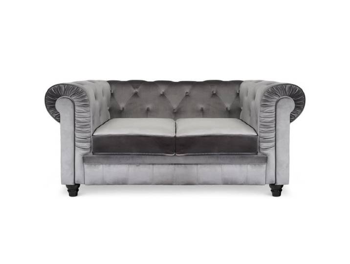 MENZZO Grand canapé 2 places Chesterfield Velours Gris -L158 x P79 x H67 cm