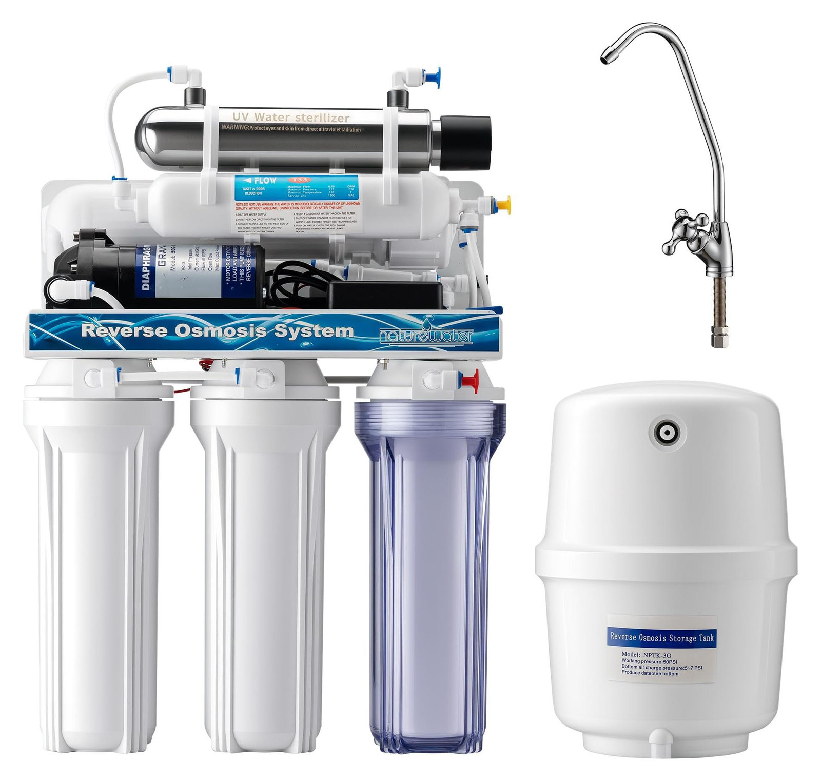 Dripio 6-traps waterfilter met omgekeerde osmose, UV-sterilisatie en pomp, 180 liter per dag