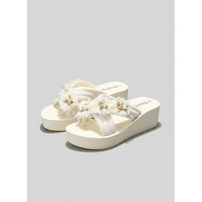 Damen Spaziergang Strand Gartenparty Applikationen Niedriger Absatz Schuhkappe Elegant Bohemien Urlaub Mikrofaser Slipper Elfenbein