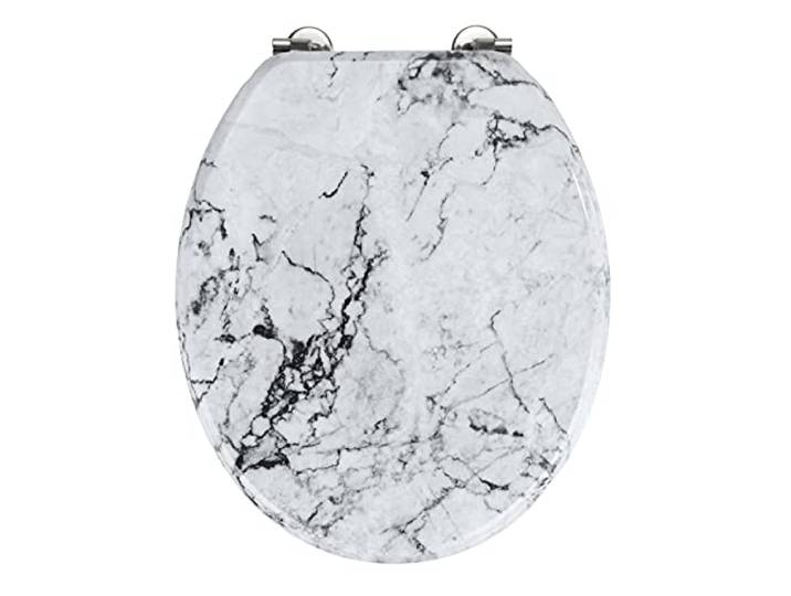WENKO WC-Sitz Onyx, Toilettensitz in eleganter Marmor-Optik, WC-Deckel inkl. Wandpuffer und rostfreier Edelstahlbefestigung, Toilettenbrille aus MDF, 34,5 x 41 cm, FSC® zertifiziert, Mehrfarbig