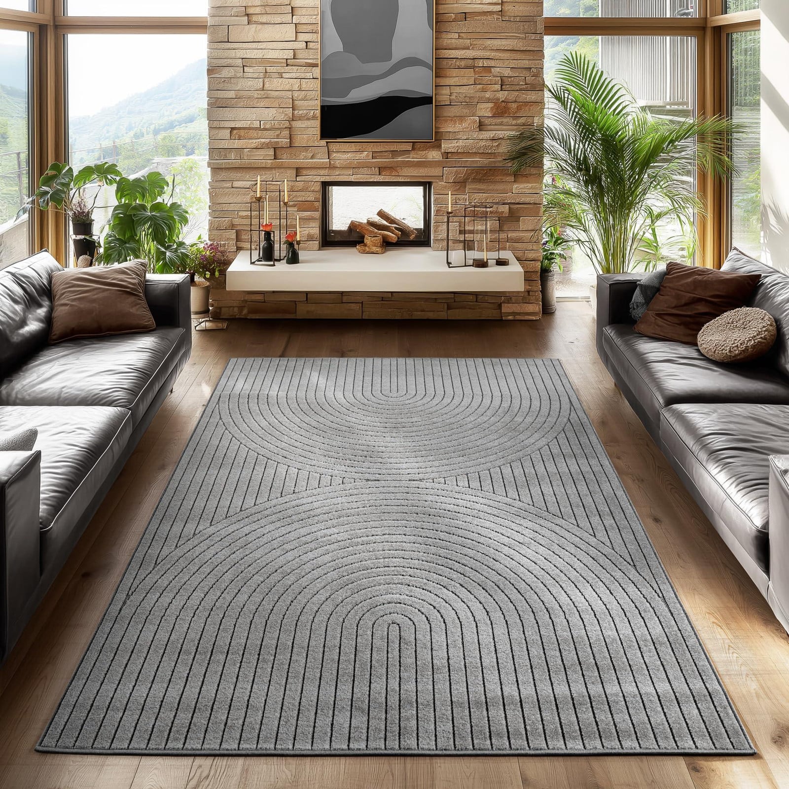 Famanu Abstract Boho Vloerkleed, Rechthoekig, Grijs, Polypropyleen