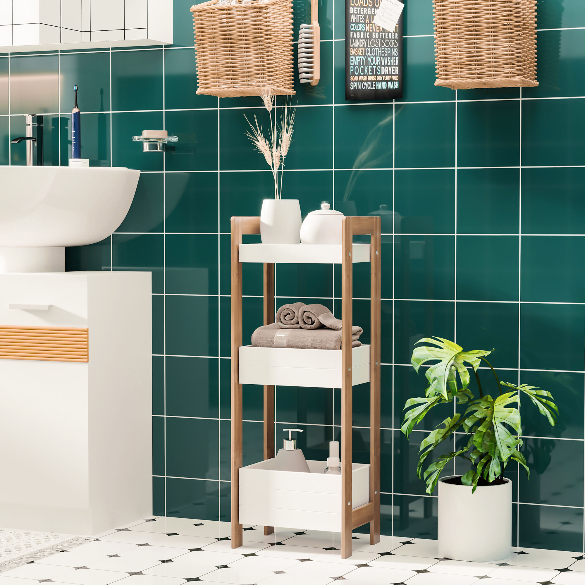 Altro Mobiletto Bagno Multiuso, Scaffale Da Bagno A 3 Ripiani Compatto In Legno Mdf E Bambù, Bianco, 27.5x20.8x74cm