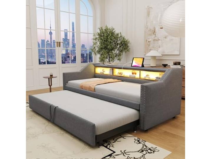 YuQozii Polsterbett Ausziehbares Schlafsofa 90/180 x 190 cm, Multifunktionales Staufach, LED-Licht und USB-Buchse, mit Lattenrost (Dunkelgrau)
