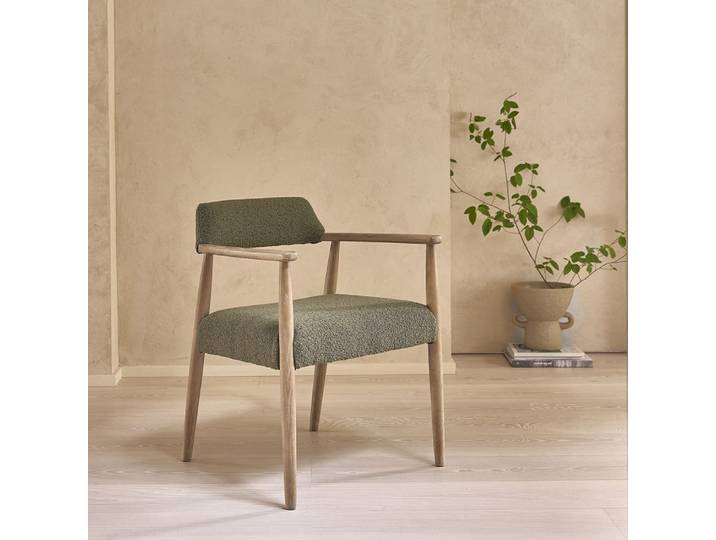 Chaise en chêne et tissu bouclette kaki
