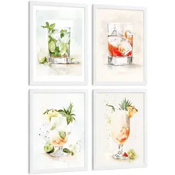 POSTER 4er Set Cocktails und Wein Wandbilder Bunte Gläser Negroni Tropical Aquarell Bar Küche Deko Weißer Rahmen A3