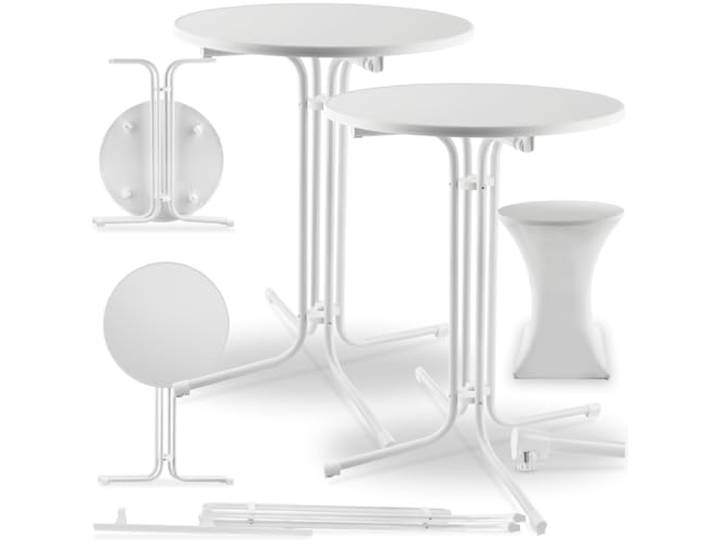 tectake® Gastro 2er Set Stehtisch klappbar, Bistrotisch mit Husse, Tisch Ø80cm, Stehtisch mit MDF-Tischplatte, Gartentisch klappbar, Klapptisch, rund, Stahlgestell, stabil und robust - weiß, 2er Set