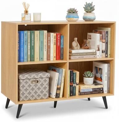 Costway 4-Cube Wooden Bookshelf Bookcase with 5 Metal Legs for Home-Natural