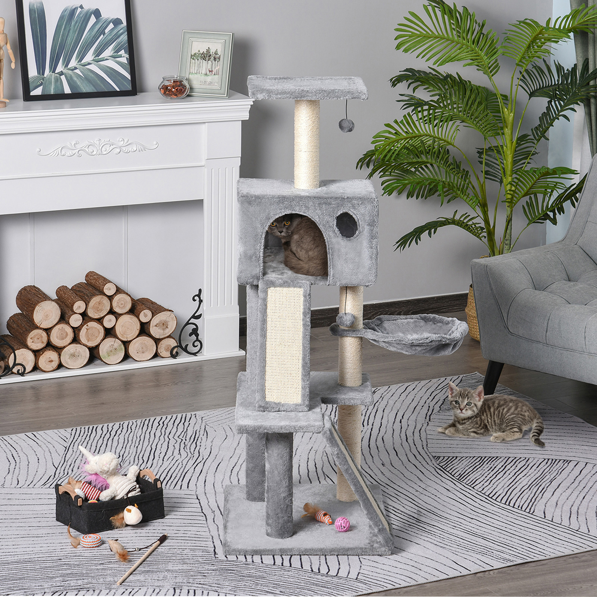 Pawhut Tiragraffi per Gatti Albero con Cuccia Lettino Sospeso e  Scale 2 in Peluche Gioco e Rilassamento Giorgio Aosom