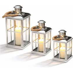 Mojawo, Laterne, 3er Set Edelstahl Glas Laternen Windlicht Gartenlaterne mit Griff H27/39/52m
