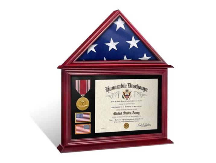 ASmileIndeep Flaggen-Vitrine für gefaltete 90 x 150 cm große amerikanische Flagge, Massivholz, Militärflagge, Zertifikat, Schattenbox mit Wandhalterung, Display-Flaggenrahmenhalter für Abzeichen