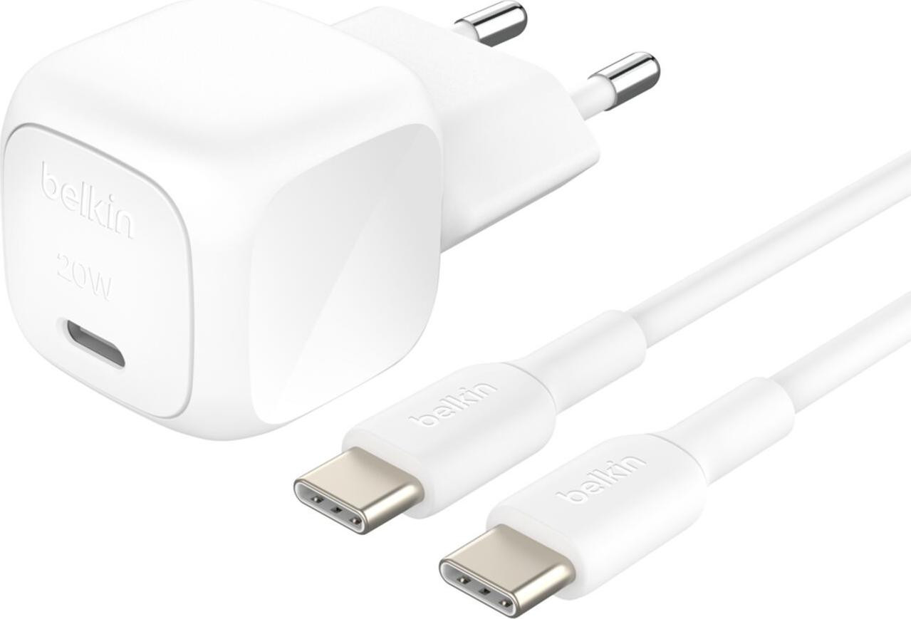 Belkin BoostCharge Compacte USB-C oplader 20W met USB-C naar USB-C kabel 1 meter - Wit