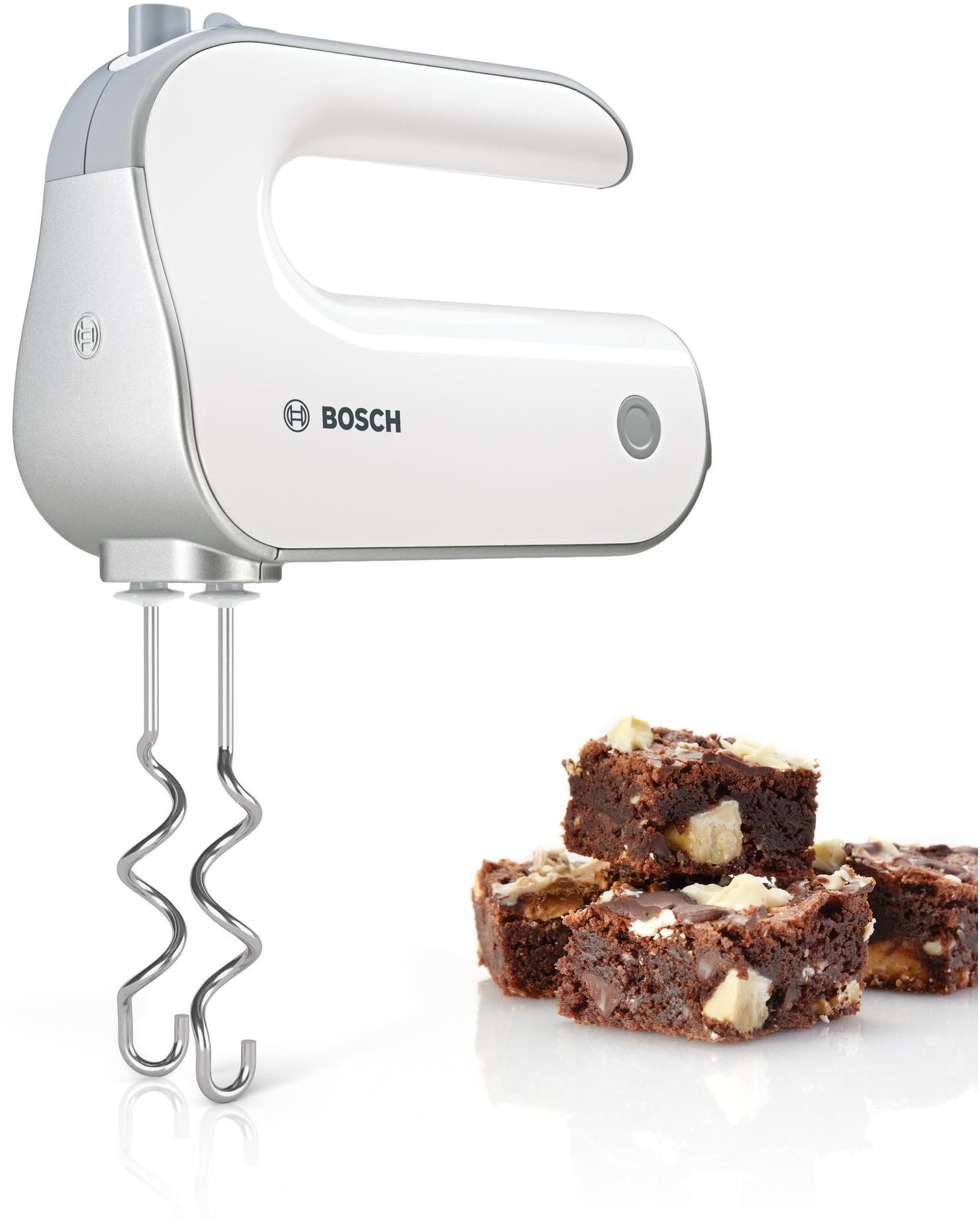 Bosch Handmixer "Styline MFQ4030, Edelstahl Rührbesen/Knethaken, 5 Stufen, weiss", weiss (weiß, silberfarben), B:20cm H:14,2cm T:7,55cm, Mixer, Turbotaste, leichtes Gehäuse, Made in Europe, Handmixer weiß, silberfarben Einheitsgröße