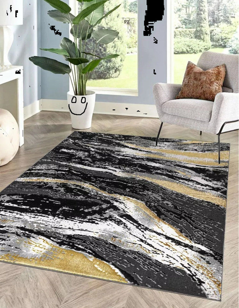 Metro Abstract Flatweave Shaggy Area Rug Black Rectangle 80 x 150 cm