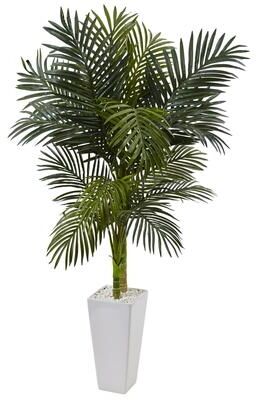 Nearly Natural 5-foot Golden Cane Palm Tree Silk Plant in White Tower Planter