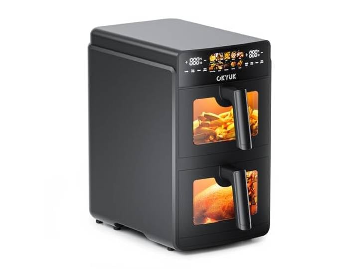 OKYUK Heißluftfritteuse 2 Kammern 10L, Airfryer 2 Fächer je 5l, 10 Programme friteuse, 2 Gerichte gleichzeitig fertig,Heissluftfritteuse Doppelschicht mit Sichtfenster, 3D Umluftsystem