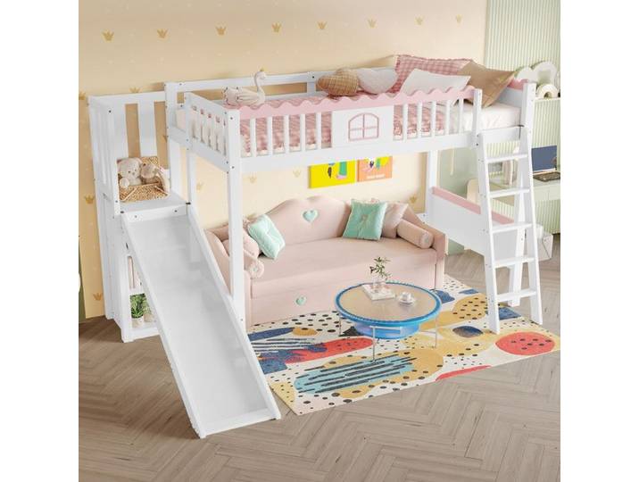 Lit mezzanine avec toboggan Lit mezzanine enfant 90*200-éclairage LED et étagères lit enfant-échelle et sommier EN747 pin blanc