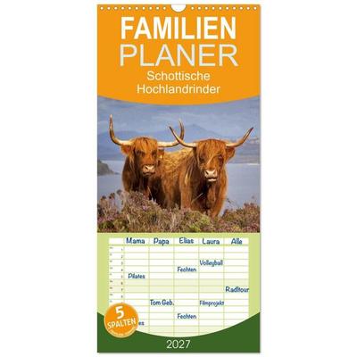 Familienplaner 2027 - Schottische Hochlandrinder. Freundlich, schön und robust mit 5 Spalten (Wandkalender, 21 x 45 cm) CALVENDO