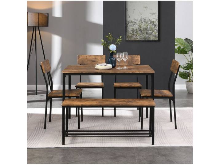 Ensemble Table A Manger 4 Chaises Marron Set Industriel FloraGrace Pour Cuisine Salle A Manger Banc Avec Etagere 110x70x75cm