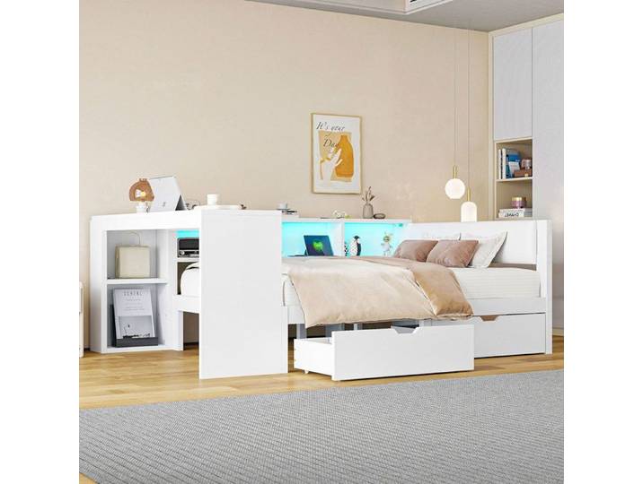 Lit double avec rangement - Dimensions 140x200 cm - Étagères intégrées - Tiroirs de rangement