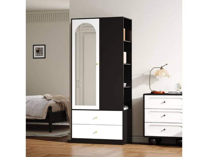 VUENOR Armoire de chambre avec miroir 80 x 40 x 180 cm blanc et noir