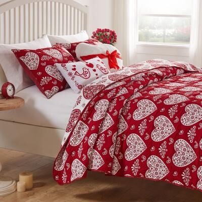 Lovebirds Romantic Hearts Matelassé Coverlet Set by Greenland Home Fashions in Red (Size KING)