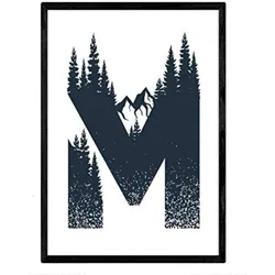 POSTER Buchstabe M Natur Berge A4 Schwarzer Rahmen