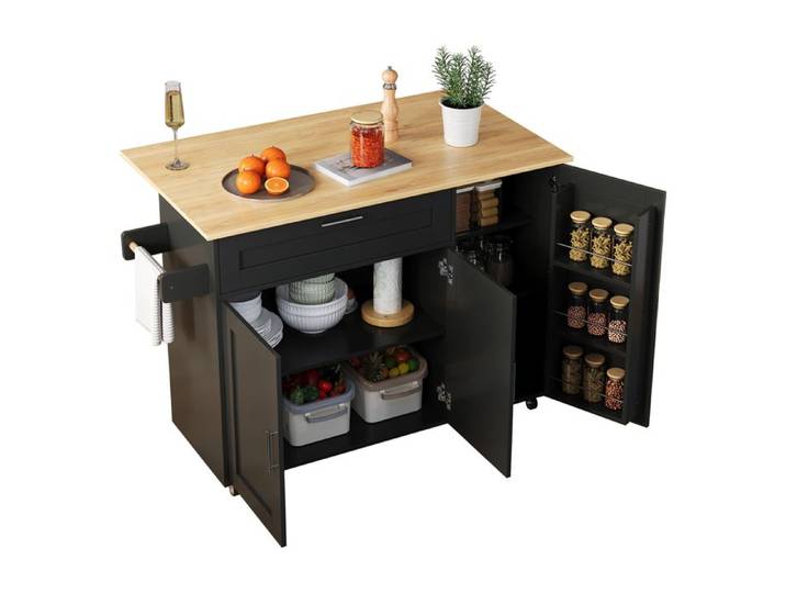 Desserte de cuisine à roulettes - FURNITURER - 120 x 70 x 90 cm - Plan rabattable - 1 tiroir 2 portes - Roulettes verrouillables