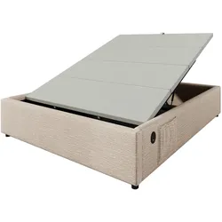 STILVORA Polsterbett Leinen Natur/Beige 160x200 cm mit Stauraum, USB-C, Vollholzrost
