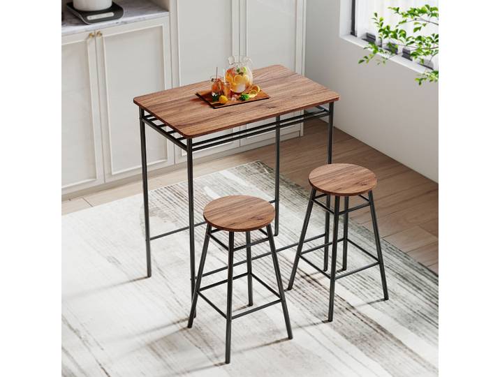 HOMCOM Table Haute Cuisine avec 2 Tabourets Industriels Compacte