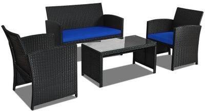 Costway 4 Pieces Rattan Patio Furniture Set with Weather Resistant Cushions and Tempered Glass Tabletop-Navy