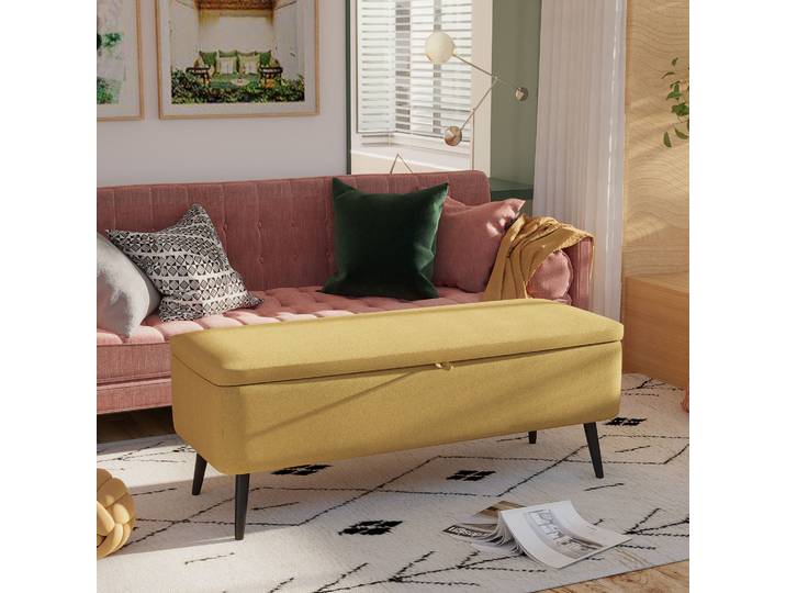 HOMCOM Banc Coffre Rangement Tissu Pieds Acier Noir Jaune